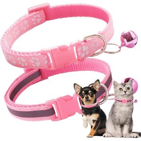 Pink Puppy Collar with Bell, 2-Pack Reflective Strip Girl's Cat Collars with Bells, Nylon Small Dog Collars with Bells Adjustable for Puppy XXS XS Small Female Dogs Kitten,X-Small
