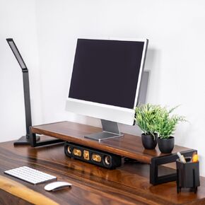 Dual Monitor Stand Riser for Desk – 40" Wide Walnut Solid Wood Desk Riser with Metal U-Legs, Scratch-Resistant, Hassle-Free Assembly