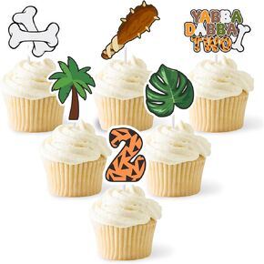 36pcs Yabba Dabba Two Cupcake Topper, Caveman Theme Party Cake Decorations, 2nd Birthday Decorations Supplies