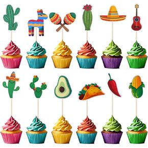 48Pcs Fiesta Cupcake Topper Mexican Theme Cake Decorations Cactus Donkey Guitar Taco Wide Brim Hat Party Supplies for Baby Showers Birthdays Mexican Party