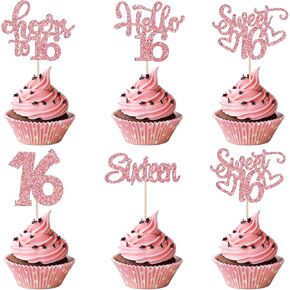 20 Pcs Happy 16th Birthday Cupcake Toppers, Rose Gold Glitter Sixteen Happy 16th Cupcake Picks Hello Sweet 16 Cake Decorations Suitable for Sixteenth Birthday Anniversary Party Cake Topper