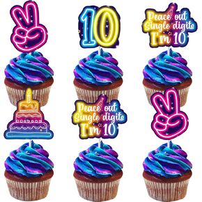 Cheereveal 24pcs Neon 10th Birthday Cupcake Toppers, Peace Out Single Digits I'm 10 Cake Picks, Cheers to 10th Tenth Bday Party Decoration Supplies