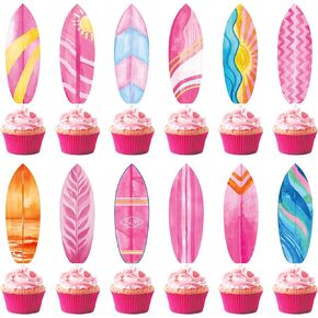 24pcs Vintage Surfing Surfboard Cupcake Toppers Pink Surf Surfboard Theme Decorations Summer Surfing Party Cake Cupcake Picks for Summer Beach Birthday Hawaii Surf Party Supplies
