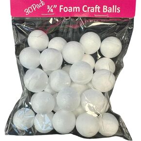 30 Pack 0.75 Inch Foam Craft Balls for School and Art Projects, Styrofoam, Choking Hazard, Not for Children Under 3, White, Poly Bag Packaging