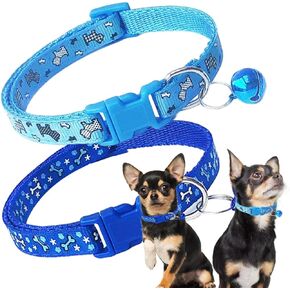 Small Dog Collar with Bell, 2 Pack Male Puppy Collar with Bell, Nylon Cute Cat Collars Adjustable for XXS XS Little Small Boy Kitten Dogs, Blue