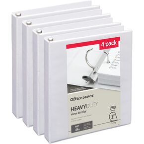 Office Depot® Heavy-Duty View 3-Ring Binder, 1" D-Rings, 49% Recycled, White, Pack Of 4
