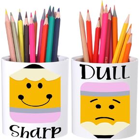Pickmesh 2 Pack White Pencil Pen Holder with Sharp and Dull Stickers Pencil Holder Cup Polystyrene Makeup Brush Organizer Desk Accessories