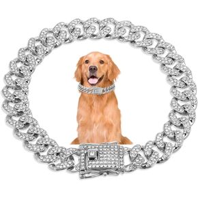 Silver Dog Collar,13mm Wide Dogs Chain Collar with Buckle Dog Cuban Link Collar- Metal Diamond Cat Collars for Small Medium Large Pet (Silver, 10.6 Inch)