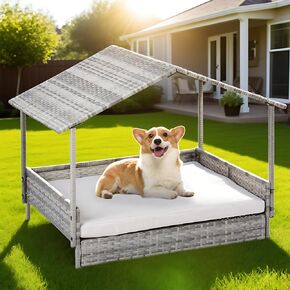Outvita Wicker Dog House, 31.3" Elevated Dog Bed with Canopy and Pad, Rattan Dog Bed, Raised Pet Shelter with Detachable Cushion Cover, Outdoor and Indoor for Small to Medium Dogs Gray
