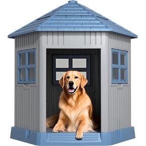 DRATO Dog House Indoor Outdoor Durable Large Dog Shelter with Outside Dog Kennel with Window and Elevated Floor for Small Medium Dogs (Blue, 34.8 * 30.51 * 36.89)