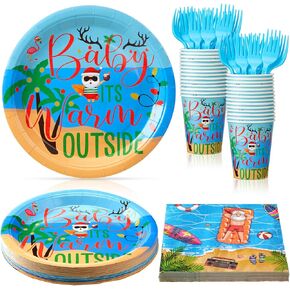 Zubebe 120 Pcs Summer Christmas Decorations Paper Plates and Napkins Dinnerware Set Baby It's Warm Outside Tropical Christmas Disposable Tableware for Hawaiian Beach Pool Birthday July Party Decor