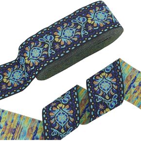 PH PandaHall 10 Yards Boho Jacquard Fabric Trim with Embroidered Flowers - Blue, 2 Inch Ethnic Style Floral Ribbon for Sewing, Handmade Bag Strap Making & DIY Clothing Decoration