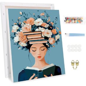 KEYIFA Paint by Numbers Adult Kit with Frame, 12x16 in, Reading Lady, Easy Painting Kits for Beginners, Paint on Clear Colored Canvas, Acrylic Pigment Drawing Paintwork, DIY Artwork Home Wall Decor
