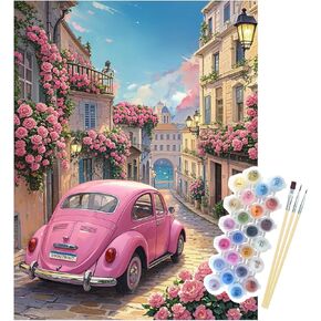NPCSWXQ Paint by Numbers Kit for Adults Beginners, Sunset Pink Roses Pink Car Decoration Oil Acrylic Painting Crafts Number Artist Paint Kit for Home Wall Bedroom Study or Office Decor Gift 16x20Inch