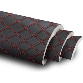 1 Yard Vinyl Upholstery Fabric,63"Wide Car Headliner Fabric with Diamond Pattern,Thick Sponge Backing DIY Upholstery,Black(Red Thread)