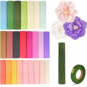24 Colors Crepe Paper Rolls 10 x 98 Inch Crepe Paper Sheets Assorted Streamers with Floral Stem Wire and Green Floral Tapes DIY Flower Wrapping Paper for Birthday Party Wedding Festival Decoration