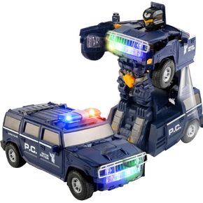 Transforming Robot Police Car Toy with Light&Sound, Police Car Toy for Toddler, Bump and Go Race Car to Robot Transforming for Kids(W6.3*D6.7*H9.1)