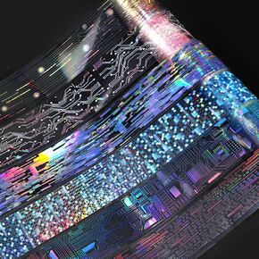 6Rolls Vintage Punk Circuit PET Tape Junk Journal Scrapbook Supplies Laser Circuits PET Washi Tape Stickers for Scrapbooking Wave Chip Decorative Collage Materials Stickers for Journaling Supplies