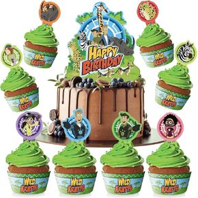 Treasures Gifted Officially Licensed Wild Kratts Birthday Party Supplies - Cake Topper Set - 1 Cake Topper & 24 Cupcake Toppers & Wrappers - Wild Kratts Party Decorations