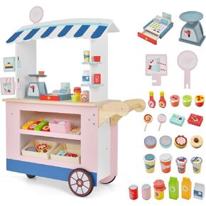 HONEY JOY Kids Food Cart, 30-Piece Toddler Pretend Play Grocery Store Playset w/Cash Register & Scale, Wooden Dessert Shop Play Market, Children Beverage Stand Cart w/Wheels, Gift for Boys Girls