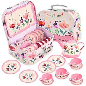 Floral Tea Party Set for Little Girls Ages 3-6, 14-Piece Pretend Play Kitchen Toys with Teapot, Cups, Plates & Storage Case, Princess Gift Set (Pink)