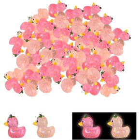 50pcs Mini Glowing Ducks, Little Glow Red Pink Duck Resin Cute Miniature Luminous Strawberry Ducks Funny Small Tiny Toys Practical Decorations for Micro Landscape Garden Summer Theme Party