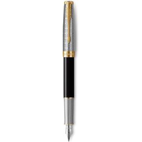 PARKER 51 Deluxe Fountain Pen | Black Barrel and Gold Attributes | Medium Nib in 18 Carat Gold | Black Ink Cartridge | Delivered in Gift Box