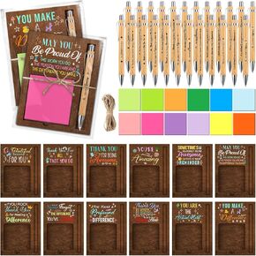 24 Set Employee Appreciation Gifts Bulk Sticky Notes with Ballpoint Pens and Wooden Pad Holder, Appreciation Sticky Note Organizer Thank You Gifts for Coworker Teacher Nurse Office Supplies