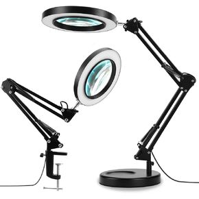 LANCOSC 2-in-1 Magnifying Glass with Light and Stand, 5X Real Glass Lens, 3 Color Modes Stepless Dimmable, Magnifying Desk Lamp & Clamp, LED Lighted Magnifier for Repair, Reading, Crafts, Close Works