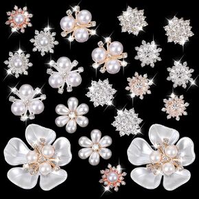 20 PCS Pearl Flower Buttons, Vintage Pearl Brooch for Jewelry Making Alloy Floral Pendants Rhinestone Button Charm Embellishments for Jewelry Making Clothes Bags Shoes Supplies Wedding DIY