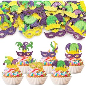 24Pcs Mardi Gras Cupcake Toppers Glitter Masquerade Masks Cupcake Food Fruit Picks Masquerade Mardi Gras Party Baby Shower Birthday Party Cake Decorations Supplies