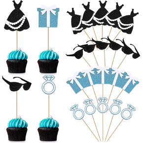 24 Pcs Teal Blue Party Cupcake Topper Princess Dress Diamond Ring Gift Box Vintage Sunglasses for Wedding Bridal Shower Party Cake Decoration Supplies