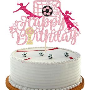 Ephlyn 1Pcs Soccer Happy Birthday Cake Topper Glitter Women Girl Football Cupcake Picks for Sports Theme Soccer Party Decoration Baby Shower Cake Decoration Rose Red