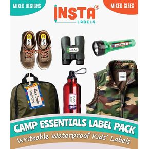 Camp Essentials Label Pack - 252 Waterproof Name Labels for Kids, Name Stickers, Bag Tags & Clothing Labels for Kids Camp, Iron on Tags for Clothing & No Iron Washable Fabric Sticker for Clothes