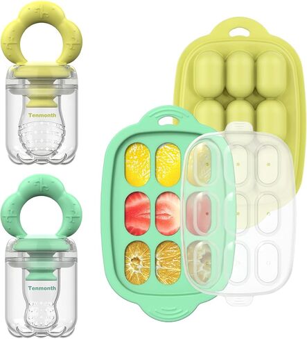 Baby Fruit Food Feeder Breastmilk Popsicle Molds with Freezer Tray, Tenmonth Silicone Baby Feeder for Safe Infant Self Feeding and Teething Relief 2 Pack, BPA Free in Saudi Arabia
