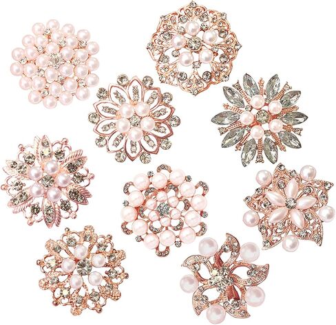 9pcs Set Rose Gold Gorgeous Luxury Sparkling Rhinestone Brooches, Kyezi Design & Craft Big Pearl Crystal Wedding Bouquet Kit DIY Set Invitation Decoration in Kuwait