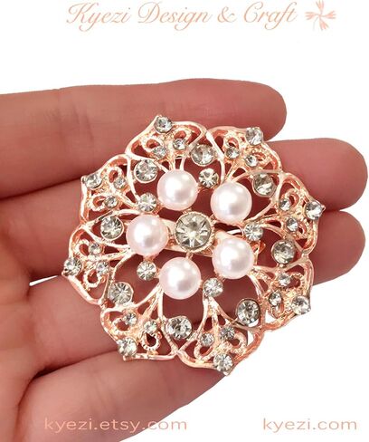 9pcs Set Rose Gold Gorgeous Luxury Sparkling Rhinestone Brooches, Kyezi Design & Craft Big Pearl Crystal Wedding Bouquet Kit DIY Set Invitation Decoration in Kuwait