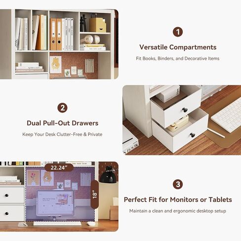 Treocho Desktop Hutch Bookshelf with Cork Board for Photos and Reminders, White Desk Organizer with Drawers and Shelves, Study Desk Hutch for College Dorm, Student Bedroom, Compact Study Spaces in Saudi Arabia