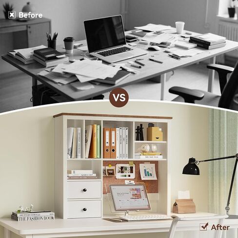 Treocho Desktop Hutch Bookshelf with Cork Board for Photos and Reminders, White Desk Organizer with Drawers and Shelves, Study Desk Hutch for College Dorm, Student Bedroom, Compact Study Spaces in Saudi Arabia