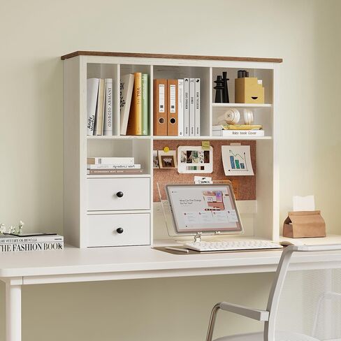 Treocho Desktop Hutch Bookshelf with Cork Board for Photos and Reminders, White Desk Organizer with Drawers and Shelves, Study Desk Hutch for College Dorm, Student Bedroom, Compact Study Spaces in Saudi Arabia