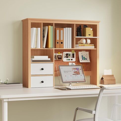 Treocho Desktop Hutch Bookshelf with Cork Board for Photos and Reminders, White Desk Organizer with Drawers and Shelves, Study Desk Hutch for College Dorm, Student Bedroom, Compact Study Spaces in Saudi Arabia