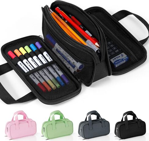 Zannaki Large Pencil Case, Big Capacity Pencil Pouch Pen Bag with 3 Compartment, Portable Canvas Stationery Organizer with Zipper, Cute Aesthetic School Supplies for Teen Girls Boys College,Pink in Kuwait