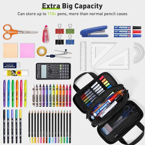 Zannaki Large Pencil Case, Big Capacity Pencil Pouch Pen Bag with 3 Compartment, Portable Canvas Stationery Organizer with Zipper, Cute Aesthetic School Supplies for Teen Girls Boys College,Pink in Kuwait