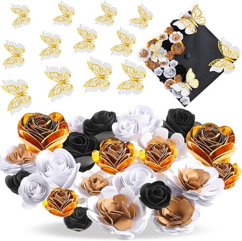 36 PCS DIY Cap Cap Decorations Kit Comphes Faux Paper Flower Heads 3D Butterfly Grad Cap Mini Paper Flower Decorations for Grad Cap Topper DIY Gails (Black ، Gold) in Saudi Arabia