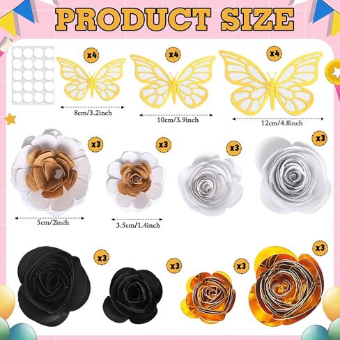 36 PCS DIY Cap Cap Decorations Kit Comphes Faux Paper Flower Heads 3D Butterfly Grad Cap Mini Paper Flower Decorations for Grad Cap Topper DIY Gails (Black ، Gold) in Saudi Arabia