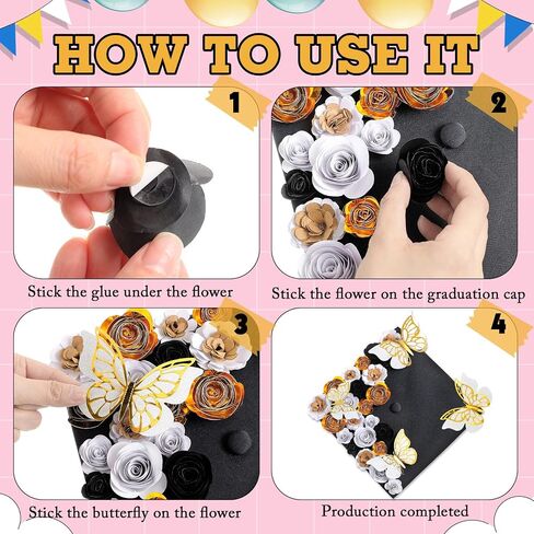 36 PCS DIY Cap Cap Decorations Kit Comphes Faux Paper Flower Heads 3D Butterfly Grad Cap Mini Paper Flower Decorations for Grad Cap Topper DIY Gails (Black ، Gold) in Saudi Arabia