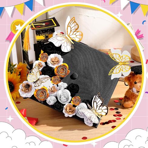 36 PCS DIY Cap Cap Decorations Kit Comphes Faux Paper Flower Heads 3D Butterfly Grad Cap Mini Paper Flower Decorations for Grad Cap Topper DIY Gails (Black ، Gold) in Saudi Arabia