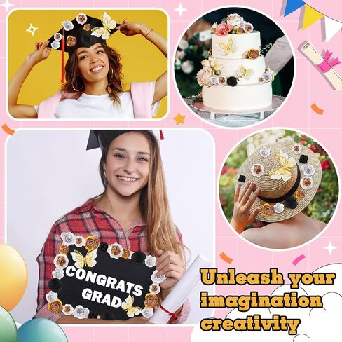 36 PCS DIY Cap Cap Decorations Kit Comphes Faux Paper Flower Heads 3D Butterfly Grad Cap Mini Paper Flower Decorations for Grad Cap Topper DIY Gails (Black ، Gold) in Saudi Arabia