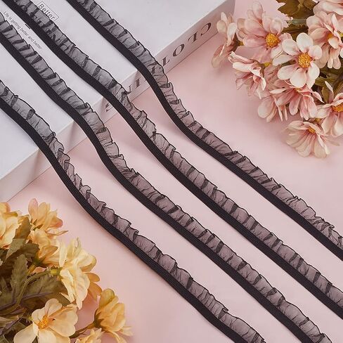GORGECRAFT 50Yds Elastic Ruffle Lace Trim 5/8" Chiffon Pleated Stretch Ribbon Frilly Lace Fabric Gathered Edging Trimming for Hair Tie Headband Lingerie Underwear Sewing Crafts Home Decor White in Saudi Arabia