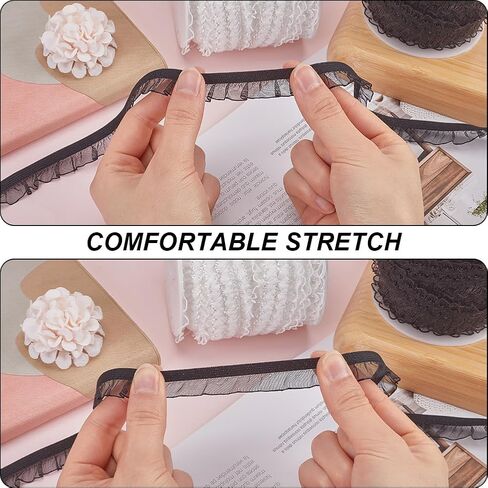 GORGECRAFT 50Yds Elastic Ruffle Lace Trim 5/8" Chiffon Pleated Stretch Ribbon Frilly Lace Fabric Gathered Edging Trimming for Hair Tie Headband Lingerie Underwear Sewing Crafts Home Decor White in Saudi Arabia
